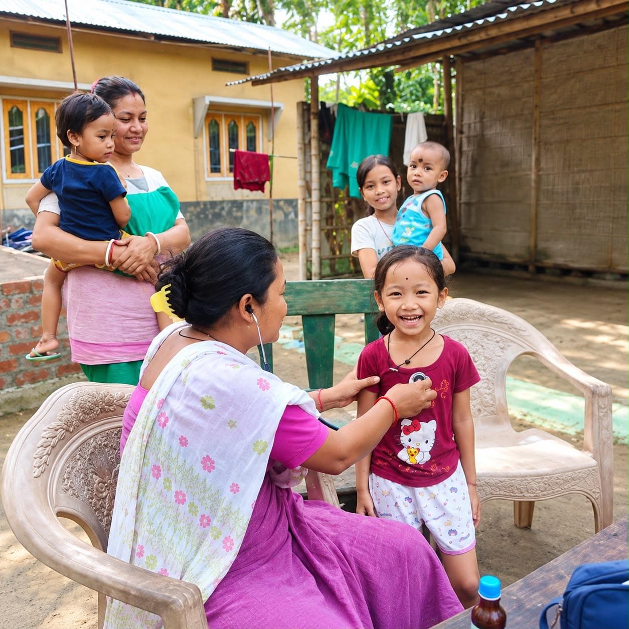 A health worker examines a smiling child with a stethoscope as families look on.